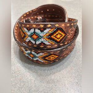 3D Belt Men’s Aztec Beaded Embossed Tan Weaved Leather Belt 44 western